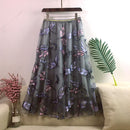 New Autumn Women Mesh Skirt Dragonfly Sequin Embroidery Long Skirt Ladies Casual Voile Appliques Skirt Mid-calf Swing Skirts