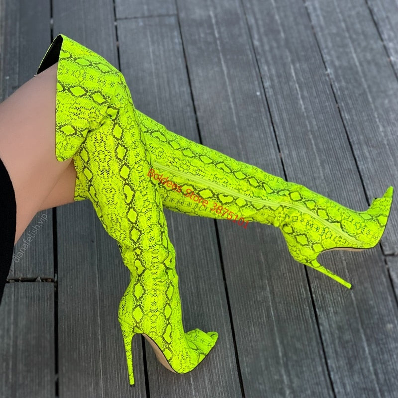 Women's Over The Knee Boots Yellow Snake Peep Toe Spring Boots Skin Print Pattern Stiletto Fashion Party High Boots