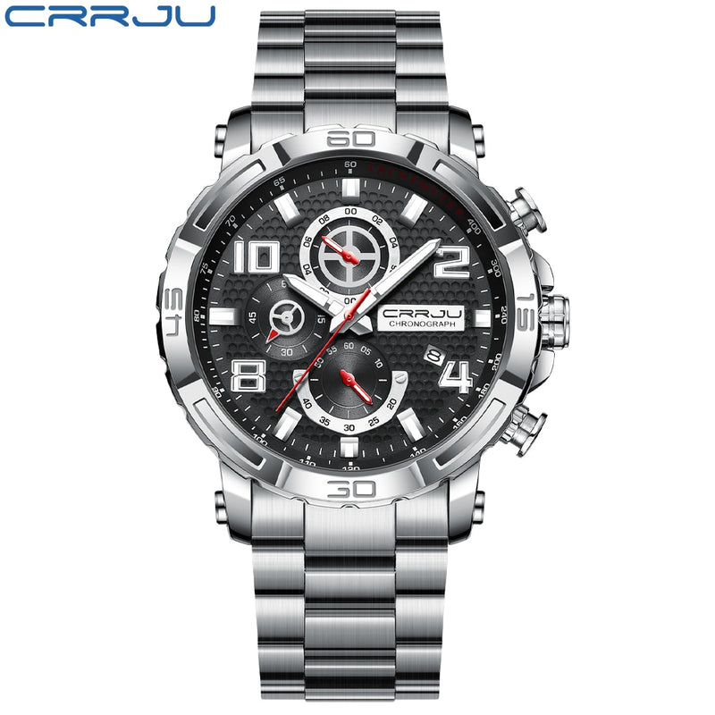 Relojes CRRJU para hombre, esfera grande, resistente al agua, de acero inoxidable, con manecillas luminosas, cronógrafo deportivo, reloj Masculino