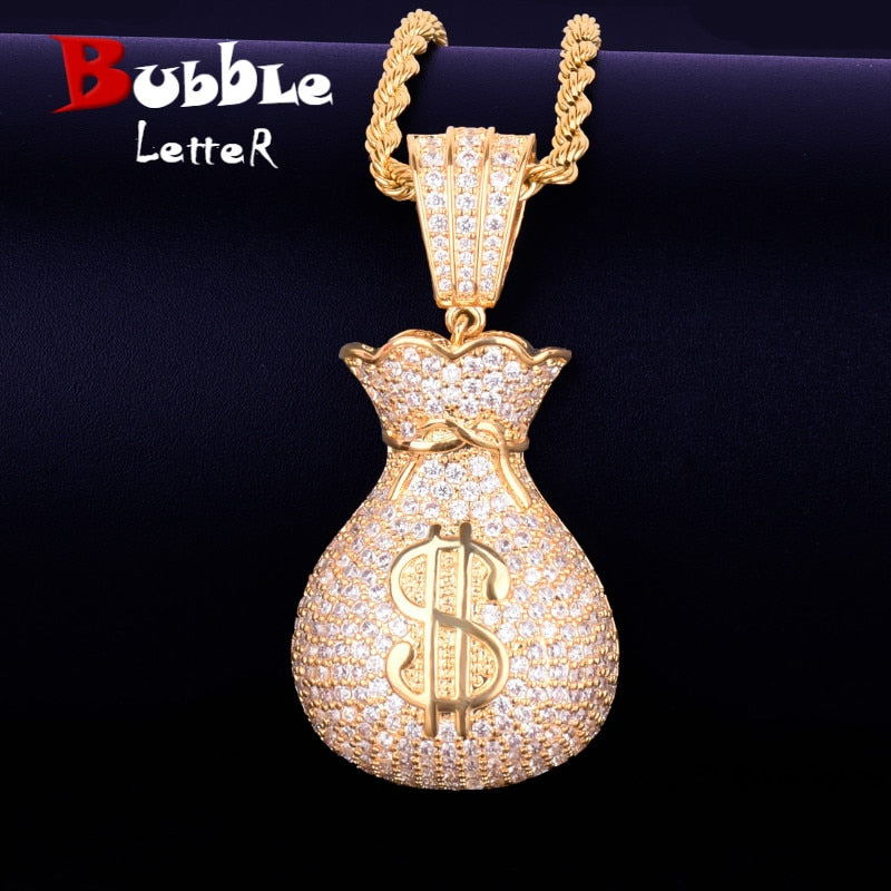 Herren Dollar Bag Anhänger Halskette Goldfarbe Bling Kubikzircon Hip Hop Rock Schmuck