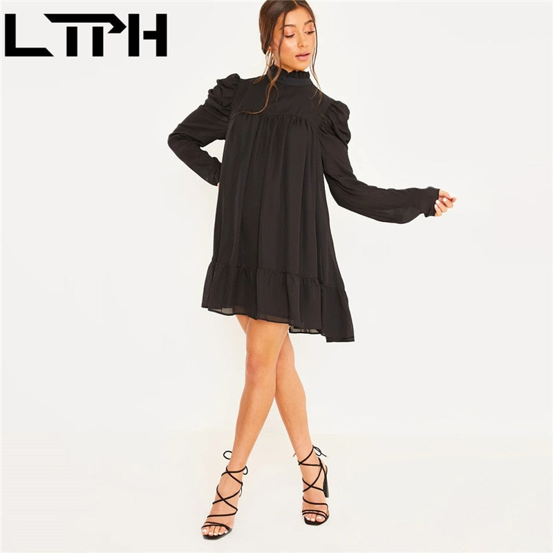 LTPH Special Sales Loose Elegant women dress Puff Sleeve Turtleneck Ruffles A-Line vintage White Chiffon Dresses 2021 Spring New