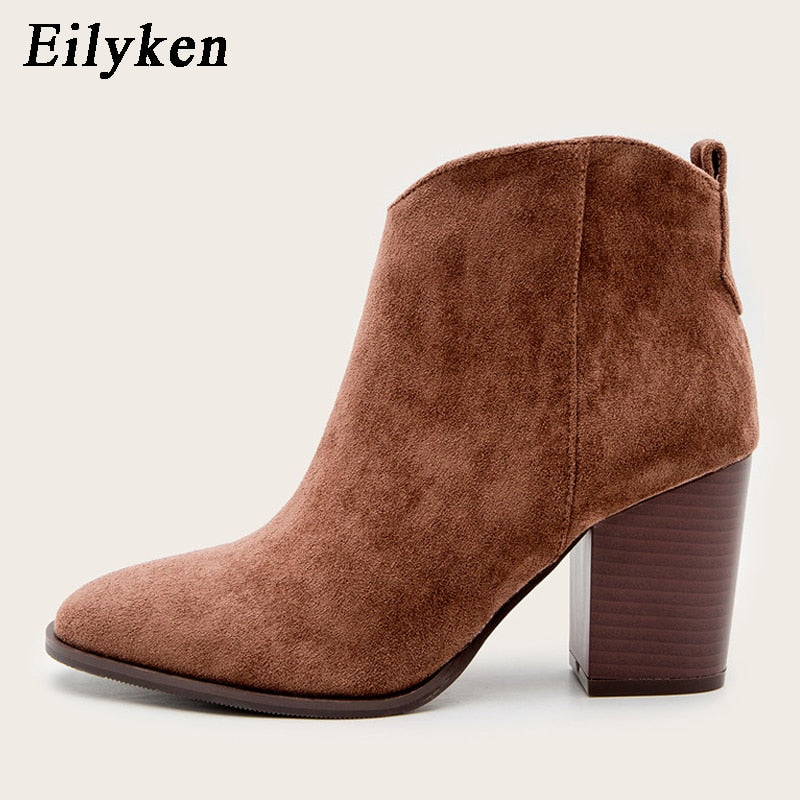 Eilyken 2023 Autumn Faux Suede Ankle Boots Women High Heel Side zipper High top Stacked Block Heel Short Western Cowboy Booties