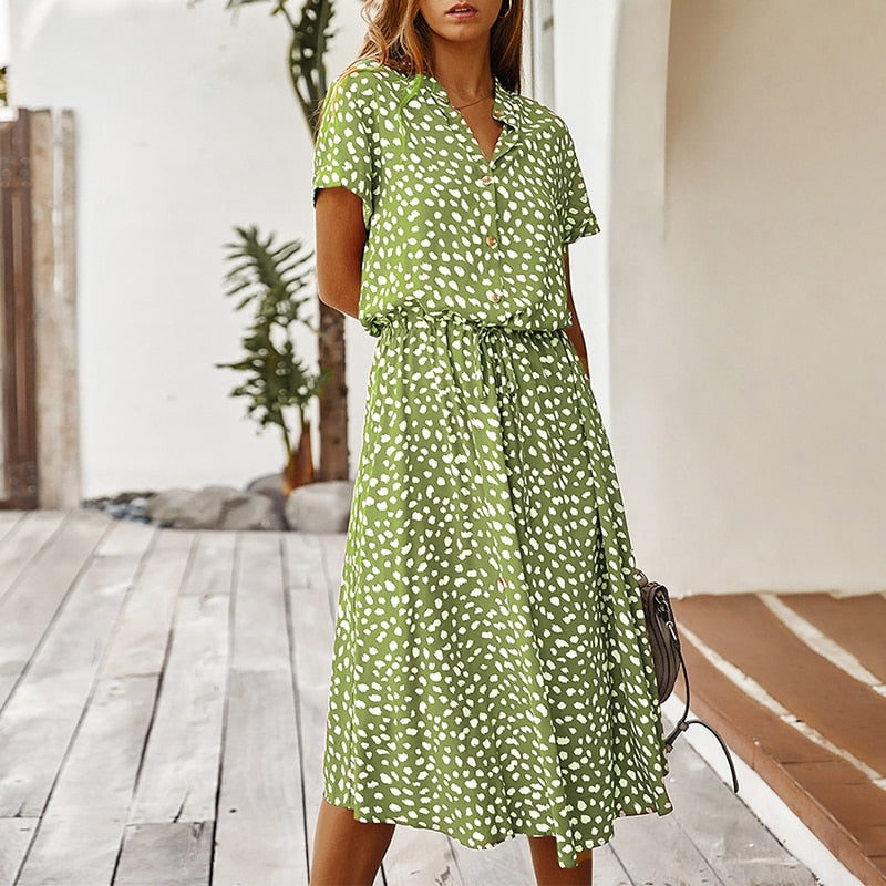 Fashion Women Dresses Summer Boho Dot Print High Waist Shirt Dress Casual Holiday Beach Short Sleeved Female Midi Dress