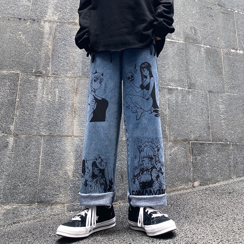 Vintage gewaschene Jeans Frauen Streetwear Jeans Harajuku Cartoon Anime Print Jeans Mode Mädchen Jeans lose Hose mit weitem Bein Baumwolle