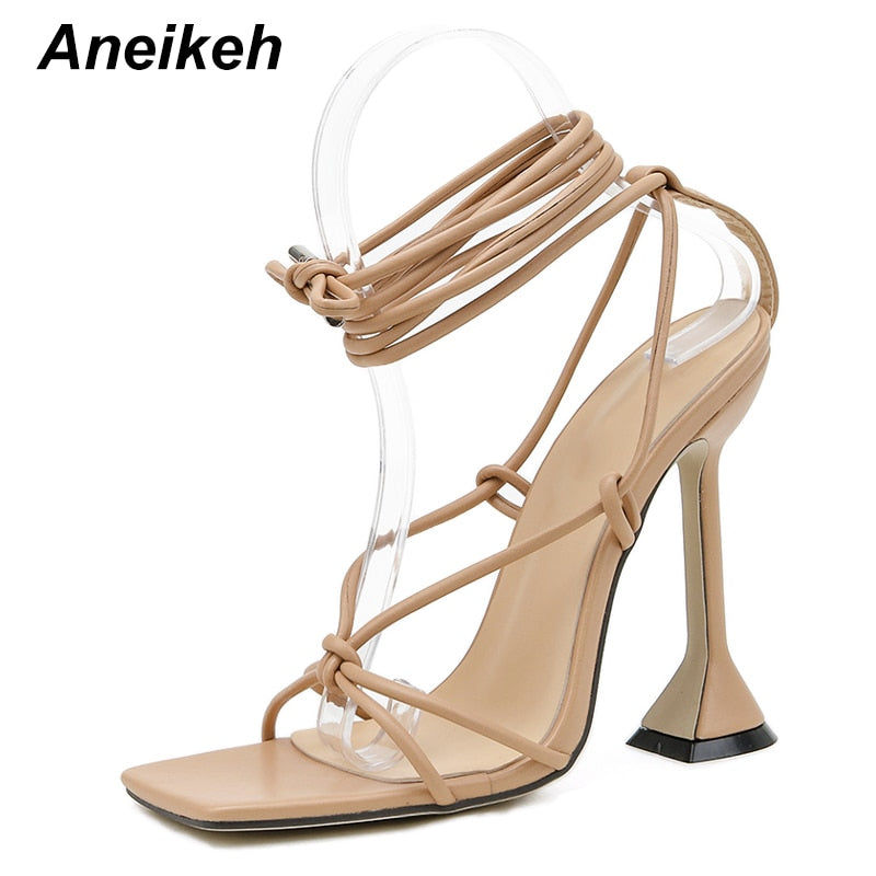 Aneikeh Summer Woman Shoes Sandals Basic Pu Fashion Cross-tied Spike Heels Lace-Up Party Pumps size 35- 42 Black White Apricot