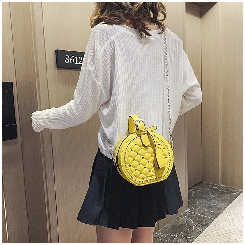 Fashion Chain Rivet Circular Women Shoulder Bag PU Leather Women&