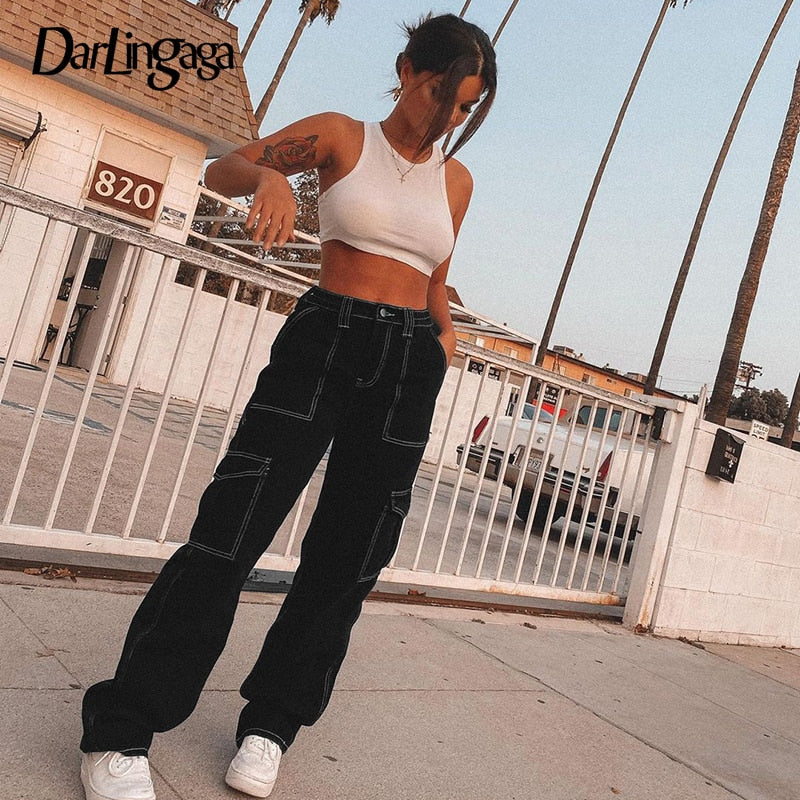 Darlingaga Streetwear Stripe Line Cargo Pants Women High Waist Jeans Straight Black Pockets Denim Trousers Female Baggy Jeans