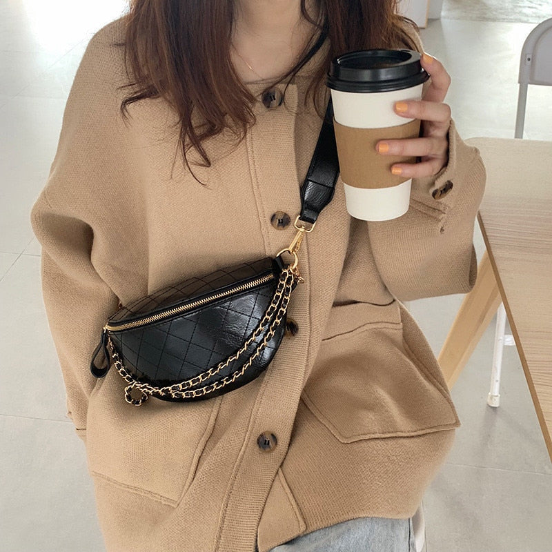 Women Chest bag Diamond pattern chain sling bags Quality PU Leather Chain Small Shoulder Messenger Bag Lady purses black wallet