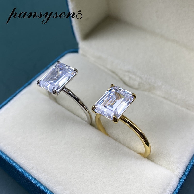 PANSYSEN White/Yellow/Rose Gold Color Luxury 8x10MM Emerald Cut AAA Zircon Rings for Women 100% 925 Sterling Silver Fine Jewelry