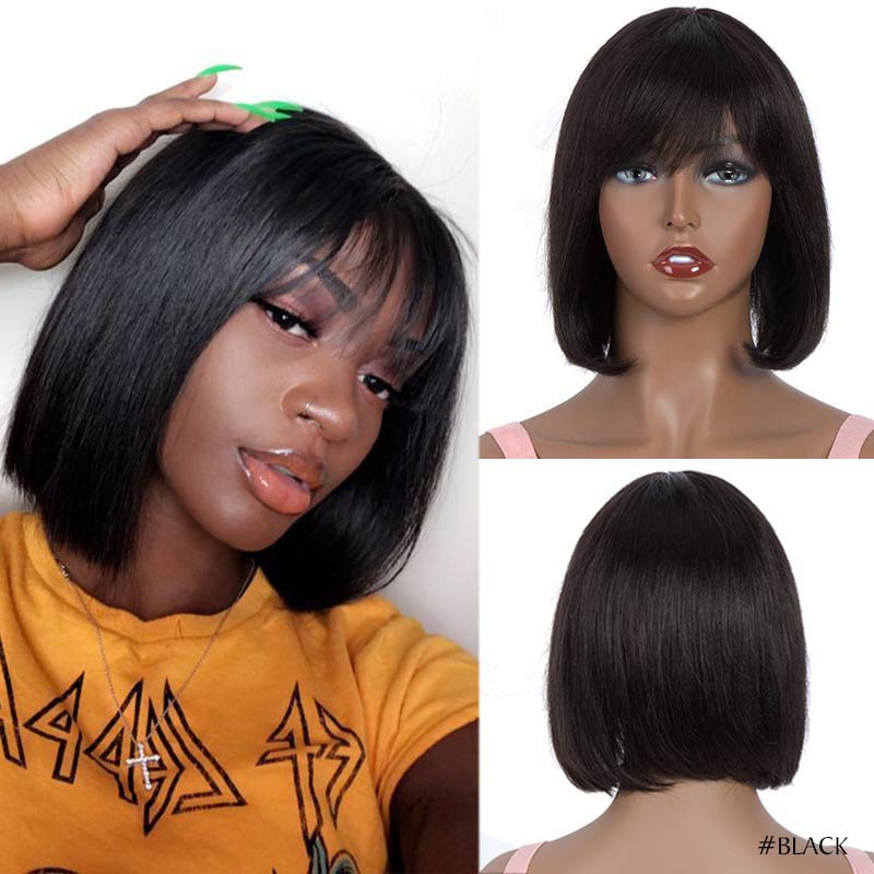 Short Bob Wig With Bangs Straight Brazilian Remy Hair Wigs For Women Human Hair Glueless Full Machine Made Cheap Human Hair Wigs