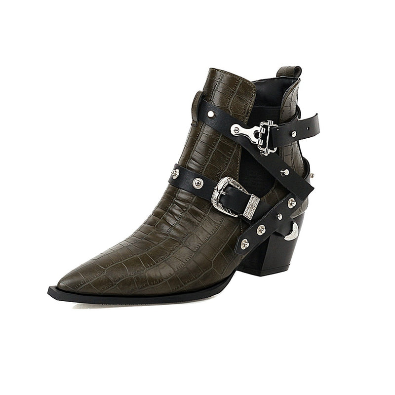 2022 Motorcycle Western Cowboy Boots Women Snake PU Leather Short Cossacks High Heels Cowgirl Booties Buckle Ankle botas Shoes