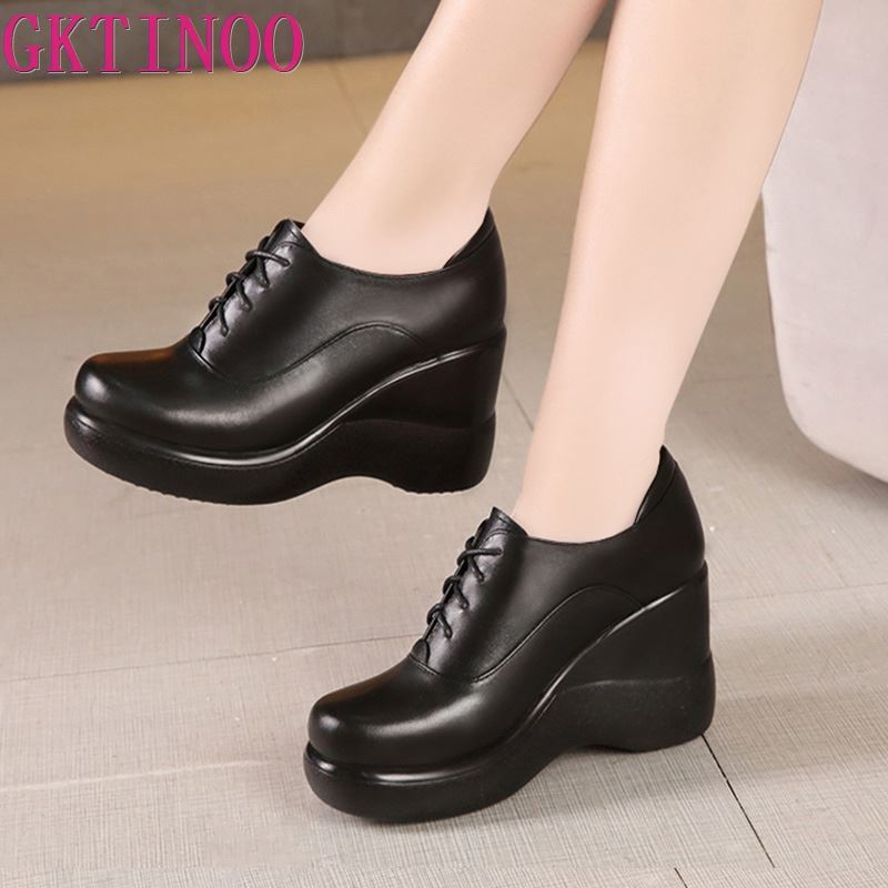 GKTINOO Lace Up Wedges Shoes for Women 2022 Autumn Platform Pumps Woman High Heels Leather Office Shoes Ladies Plus Size 33-43