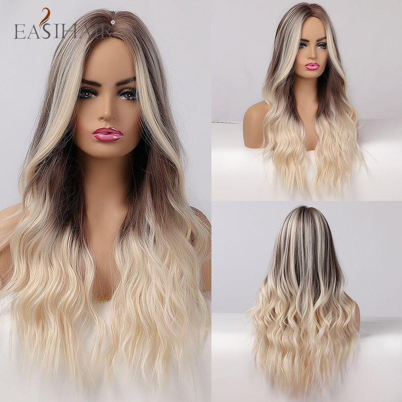 EASIHAIR largo rubio claro Ombre pelucas de estilo ondulado Natural pelucas sintéticas resistentes al calor pelucas de Cosplay de pelo de parte media para mujeres