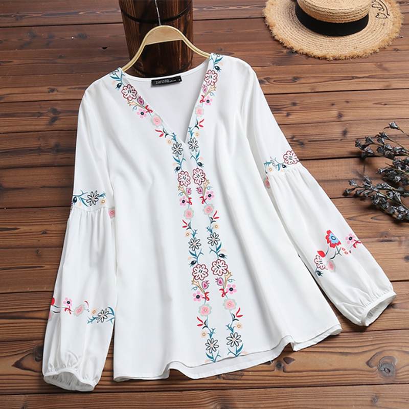 ZANZEA 2022 Mode Gedruckt Tops Frauen Herbst Bluse Bohemian V-Ausschnitt Langarm Shirts Weibliche Beiläufige Lose Blusas Übergroß