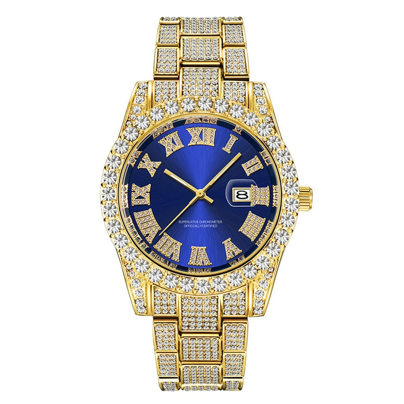 Hip Hop Full Iced Out Mens Relojes Fecha de lujo Relojes de pulsera de cuarzo con Micropaved Cubic Zircon Reloj para mujeres Hombres Joyería