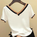 V-Ausschnitt Kurzarm Shirt Frauen Kontrastfarbe Gestreift Gestrickt 2023 Sommer Tops Shirt Koreanische Kleidung Femme Camisetas Mujer 13362