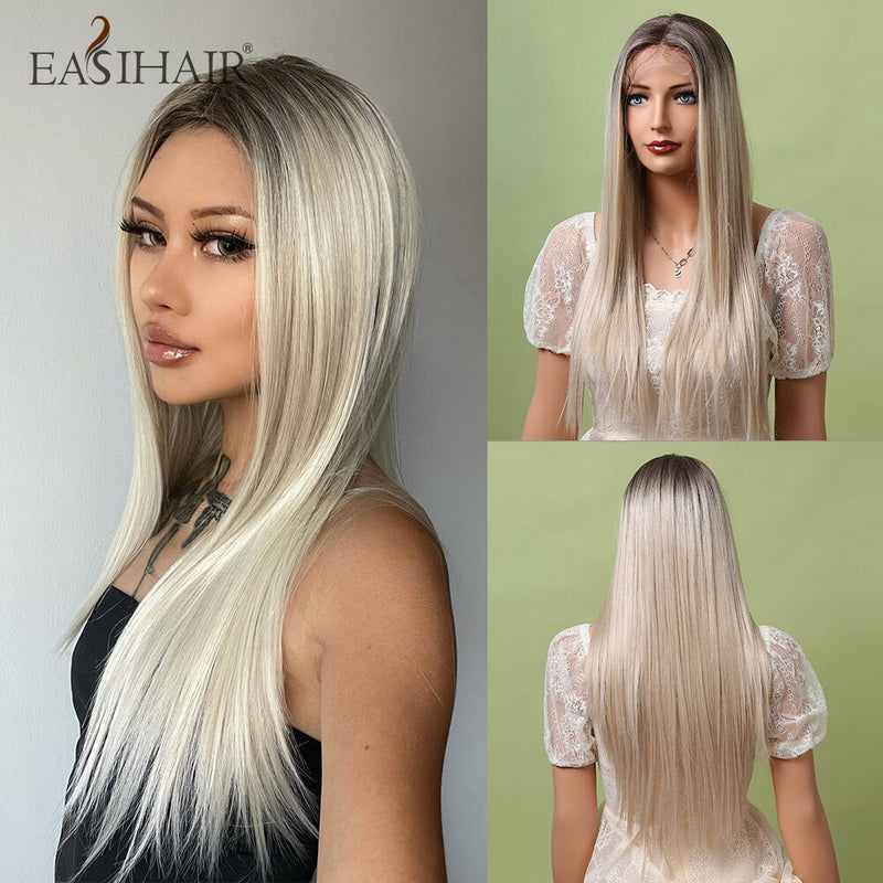 EASIHAIR Long Silky Straight Brown Blonde T Part Lace Wigs with Baby Hair High Density Heat Resistant Synthetic Wigs for Women