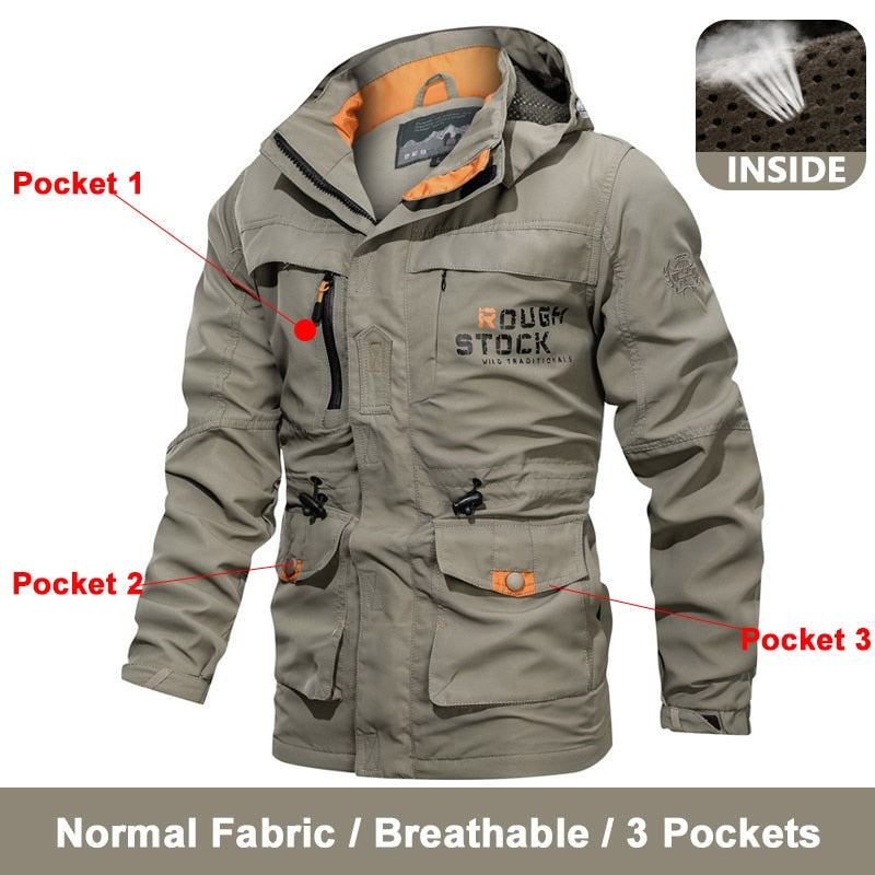 Primavera Hombres Chaquetas tácticas militares Multi-bolsillos Impermeable Casual Cazadora para hombre Abrigo al aire libre con capucha