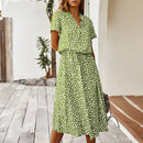 Fashion Women Dresses Summer Boho Dot Print High Waist Shirt Dress Casual Holiday Beach Short Sleeved Female Midi Dress