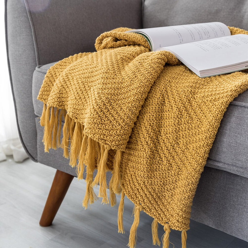 Mustard Yellow Blanket Sofa Knit Throw Blanket Tassels Fringe Blanket Travel 130x160cm Home Sofa Chair Couch Bed  50"x62"