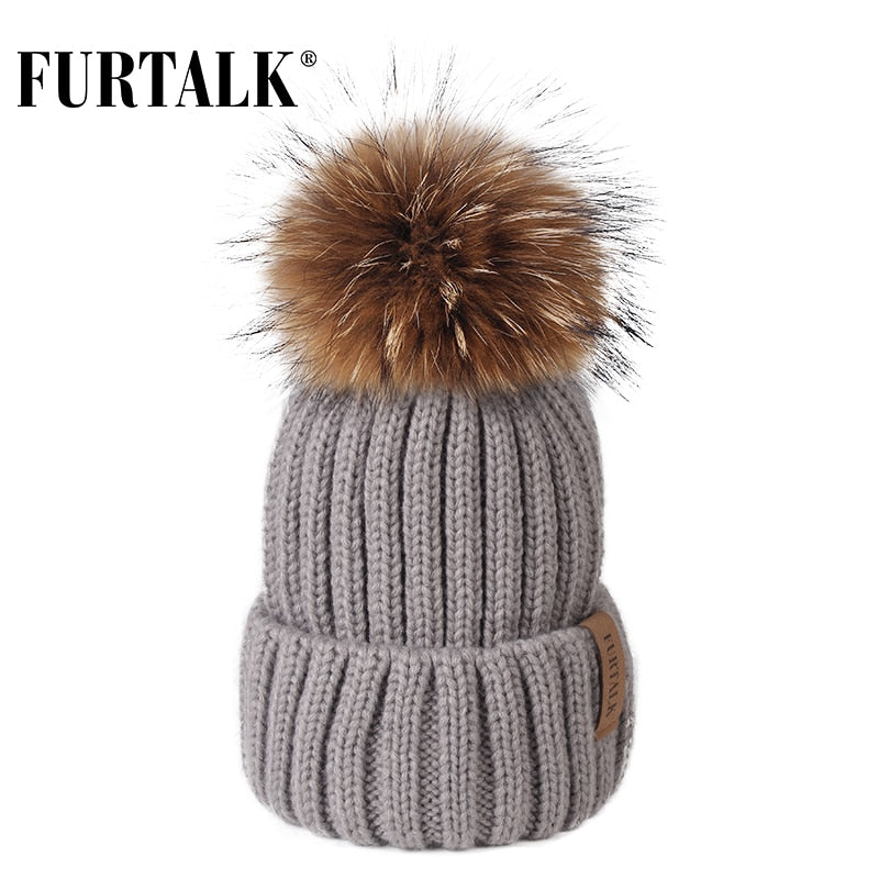 Gorro con pompón de piel auténtica Furtalk, gorro tejido de invierno para mujer, gorro con pompón de mapache grande y cálido para mujer