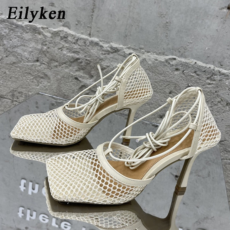 Eilyken New Spring Autumn Mesh Women Ankle Boots Sexy Pointed Toe Zipper Stripper Party Stiletto High Heels Ladies Shoes