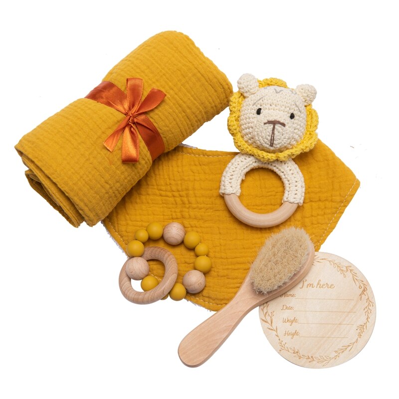 4pcs/set Baby Bath Toy Set Solid Color Cotton Blanket Baby Milestones Brush Rattle Bracelet Baby Bath Gift Products For Kids