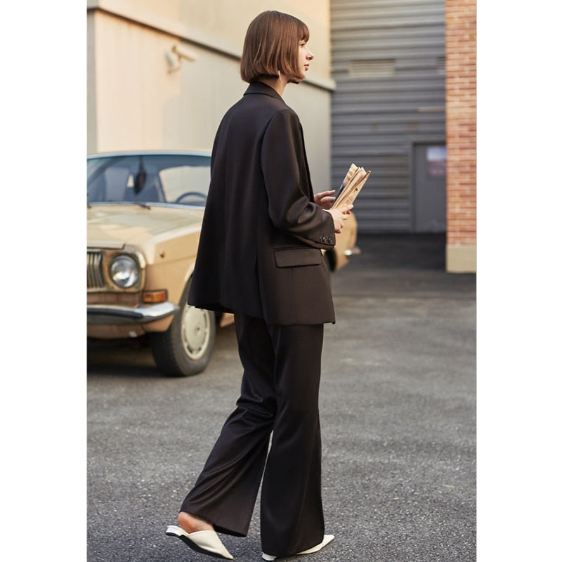 AEL Vintage otoño mujer pantalón traje marrón oscuro chaqueta suelta chaqueta pantalones de pierna ancha conjuntos de oficina (pantalones y chaqueta se venden por separado)