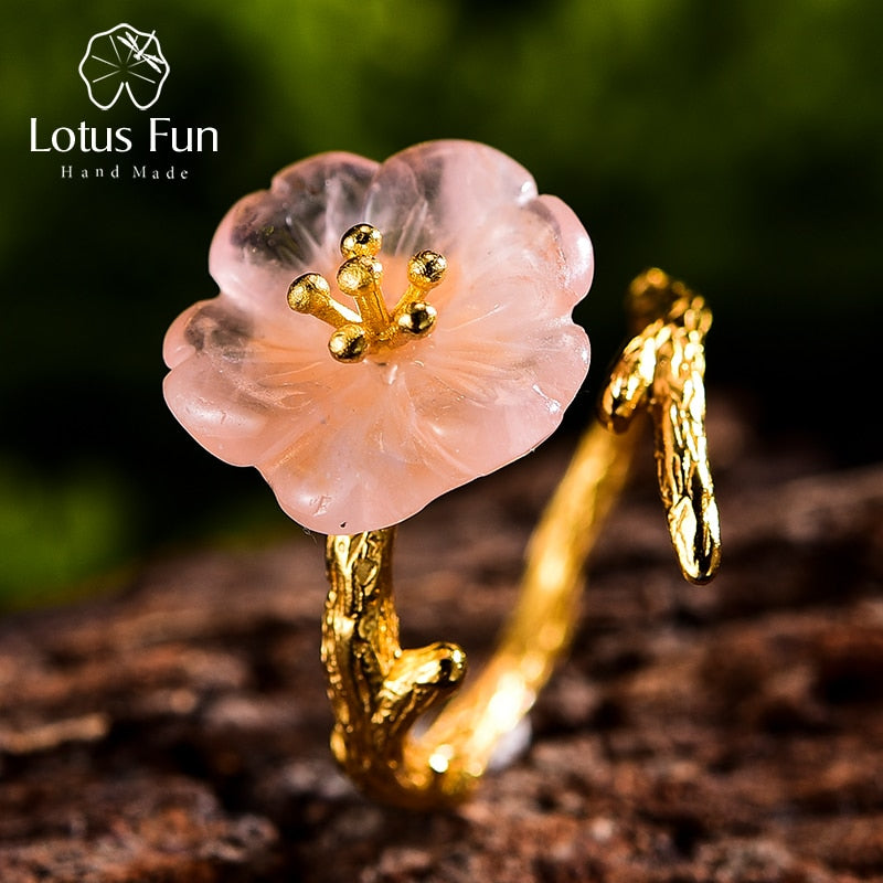 Lotus Fun, Plata de Ley 925 auténtica, piedras preciosas naturales, joyería fina, flor bonita bajo la lluvia, anillo, anillos abiertos para mujer, accesorios