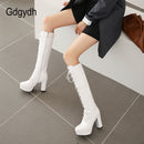 Gdgydh 2022 Patent Leather Women Knee-High Boots Red Wedding Boots Lace-up Round Toe Thich High Heels Female Boots Plus Size 48
