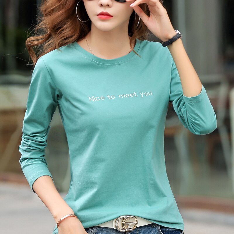 Letter Embroidery 2022 Autumn Cotton T-shirt Spring Women Long Sleeve Casual Red T shirts Fashion O-Neck Blue Yellow Simple Tops