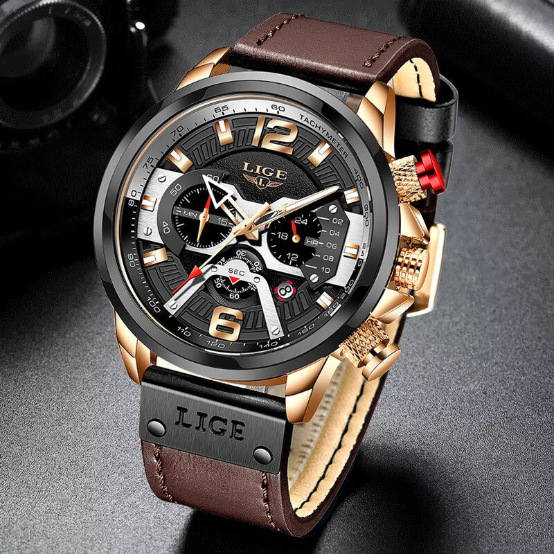 2022 New Mens Watches LIGE Top Brand Leather Chronograph Waterproof Sport Automatic Date Quartz Watch For Men Relogio Masculino