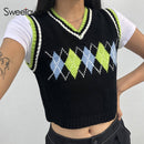 Sweetown Argyle Plaid Knitted Tank Top Female Streetwear Preppy Style New Clothes Stripe VNeck Cropped Knitwear 90s Sweater Vest