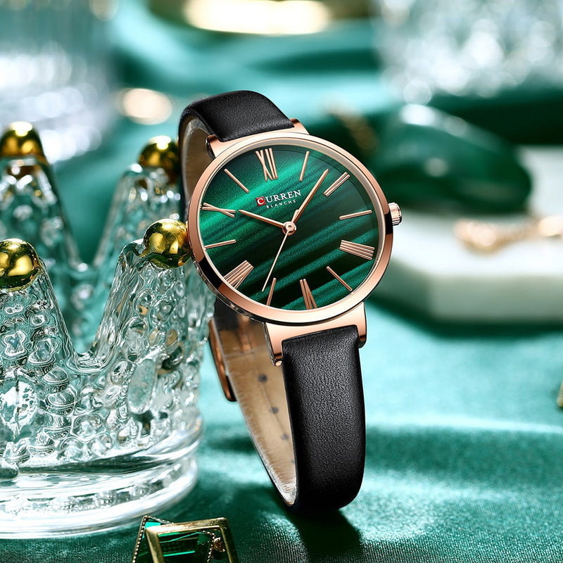 CURREN Fashion Luxury Watches for Women Malachite Green Quartz Dress Bracelet Wristwatch with Leather Female Clock