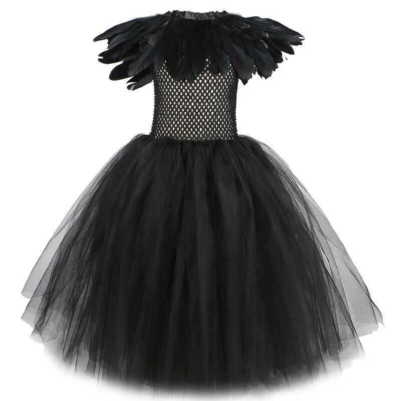 Schwarze Feder-Halloween-Kostüme für Mädchen, Kinder, böse Königin, langes Tutu-Kleid mit Hörnern, Flügeln, Bösewicht, Hexe, Cosplay-Outfit-Set
