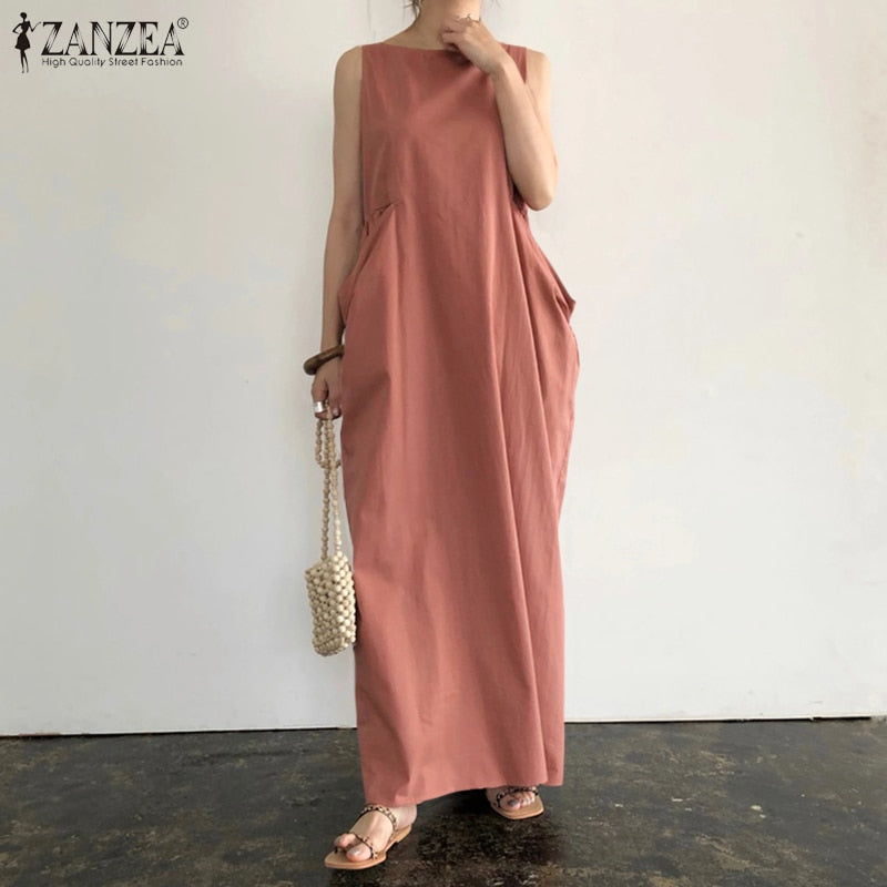 Elegante vestido Maxi sólido vestido de verano para mujer ZANZEA 2022 Casual sin mangas sarafans Vestidos mujer bata de algodón