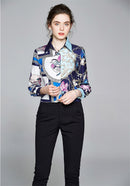 Summer Women Slim Blouses Tops Baroque Print Runway Long Sleeve Shirt Ladies Collar Elegant Vintage Office Shirts Work Wear