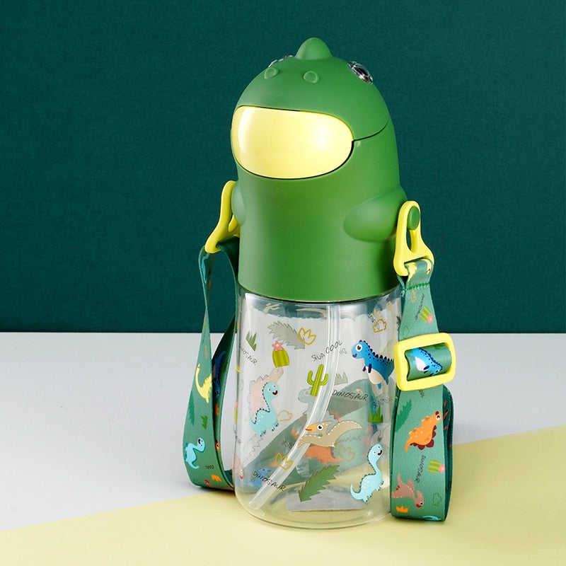 New Pinkah Children Straw Kettle with Shoulder Strap Portable School Plastic Water Bottle Creative Cartoon Dinosaur Shape 450ML