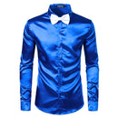 2 uds camisa de seda plateada + corbata para hombre satén suave esmoquin camisas Casual botón abajo hombres vestido camisas boda fiesta graduación Chemise Homme