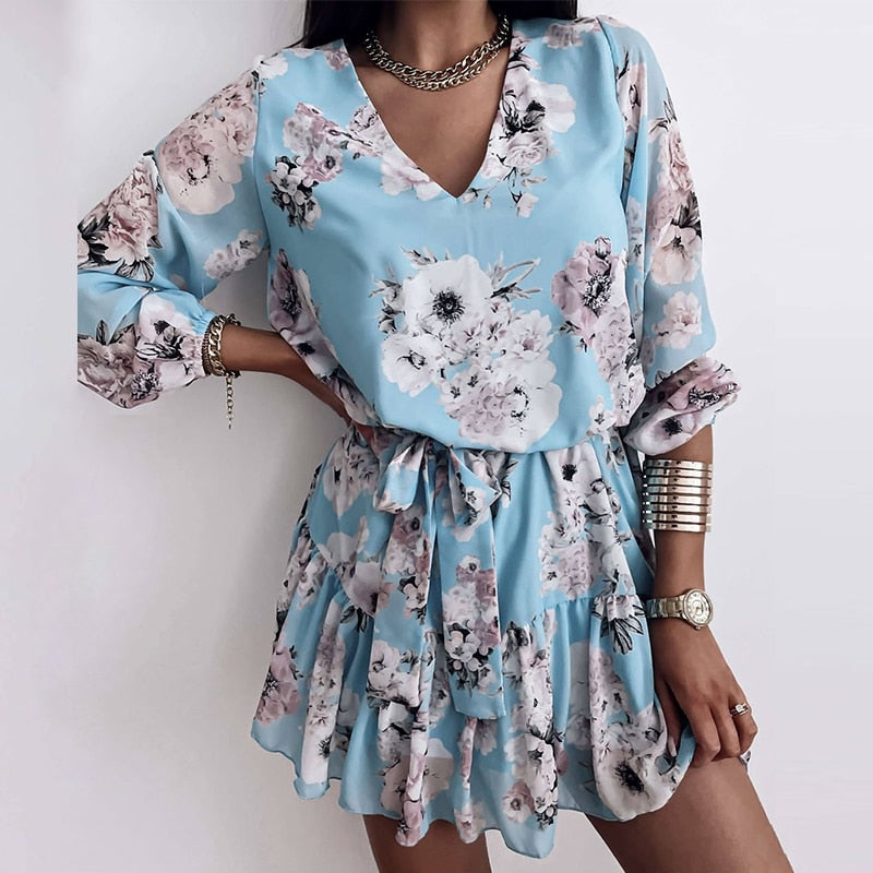 Spring Women's Chiffon V Neck Flower Print Dress Casual Long Sleeve Short Dress Female Boho Leisure A Line Party Vestidos 2021