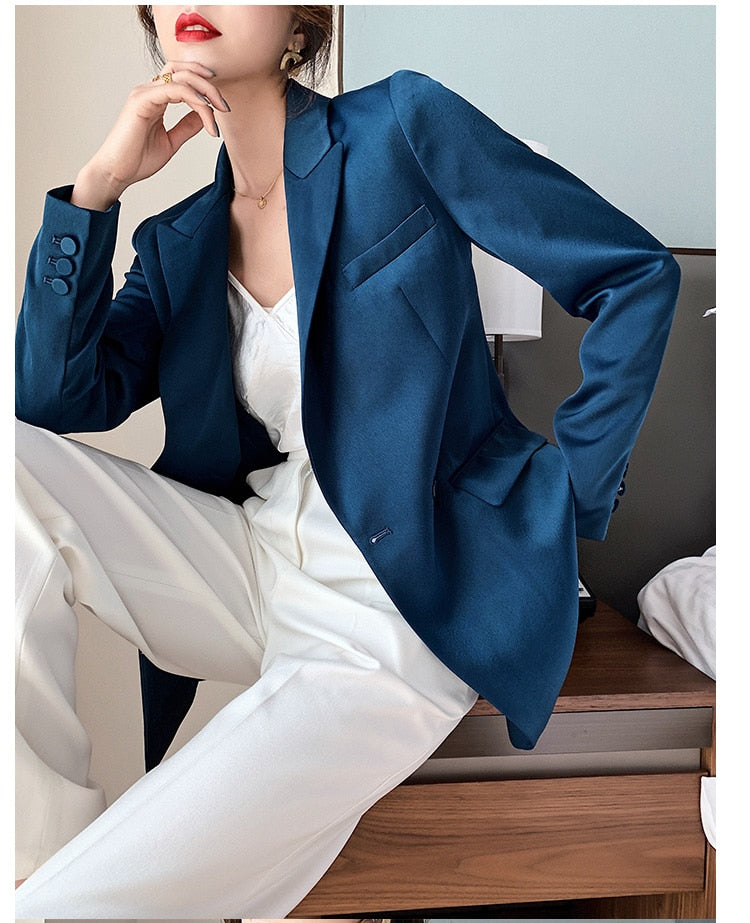 Blazer azul para mujer 2022 primavera otoño moda estilo coreano traje de satén de lujo chaqueta OL abrigo de trabajo ropa de abrigo femenina
