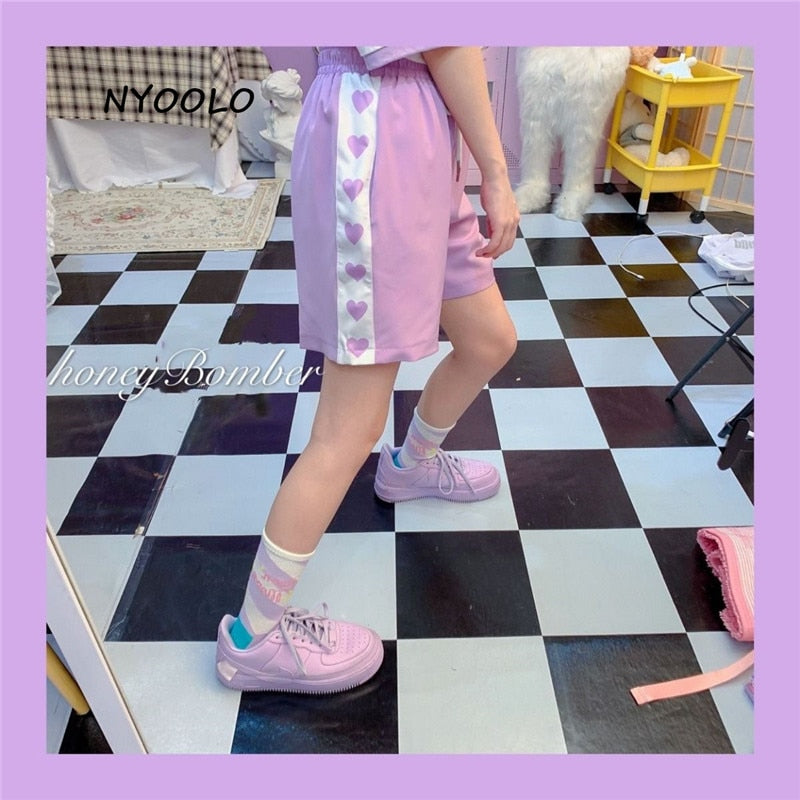 NYOOLO Harajuku estilo amor corazón estampado patchwork cintura alta pantalones cortos mujeres 2020 verano cintura elástica cordón dulce niñas pantalones cortos