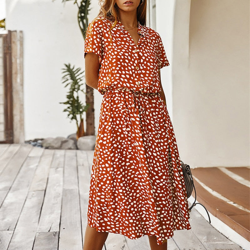 Mode Frauen Kleider Sommer Boho Dot Print Hohe Taille Hemdkleid Casual Holiday Beach Kurzarm Damen Midikleid