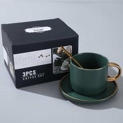 Green Ceramics Coffee latte mug Drinkware Soy Milk Breakfast cup fine bone china cute tumbler tea cups and saucer Spoon set