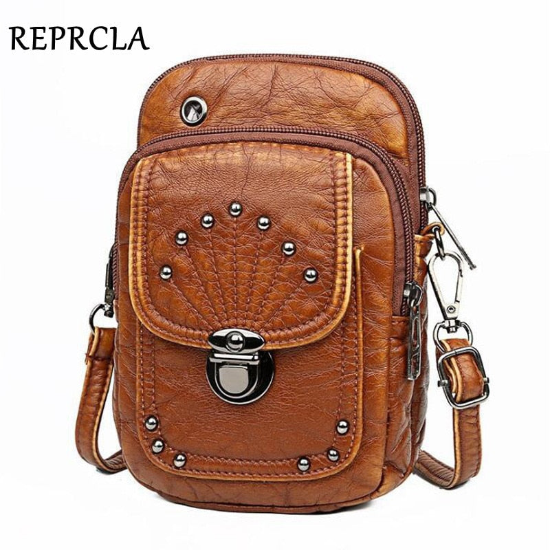 Vintage Soft Leather Crossbody Bags Rivet PU Women Messenger Shoulder Bag Small Female Handbags Phone Purses Black and Brown