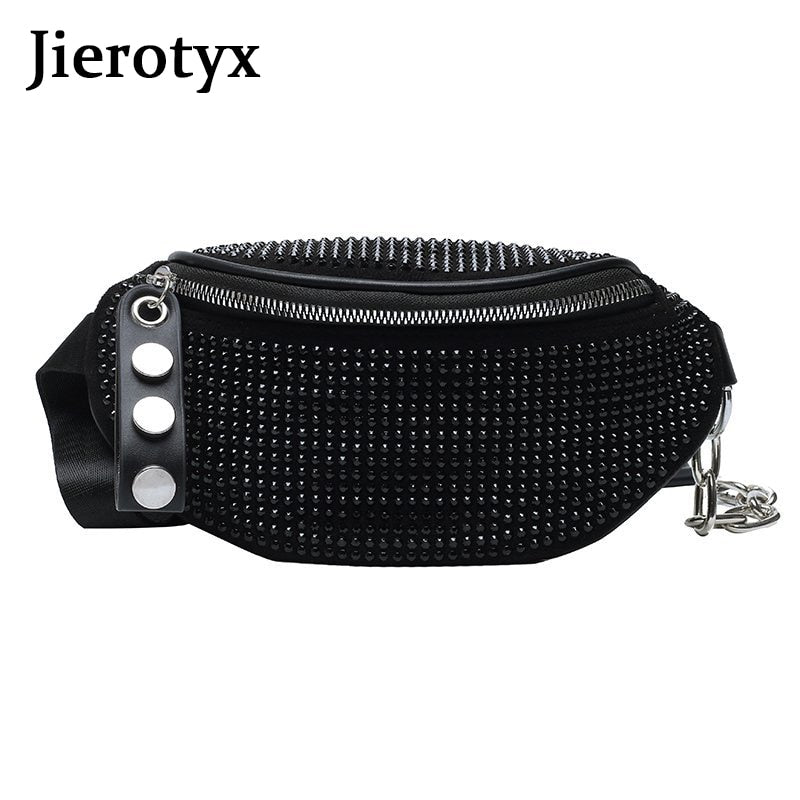 JIEROTYX Fashion Rhinestones Women Bag Waist Bag Fanny Packs Chest Waist Pack Travel Casual Female Chain Strap Punk Belt Bag