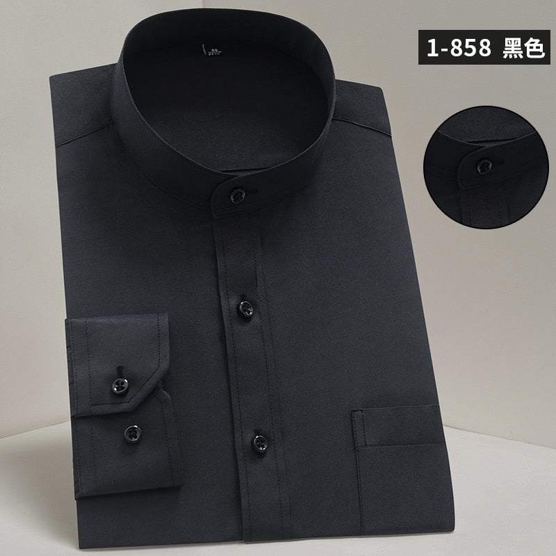 2019 Male Mandarin Collar Shirt Man White Business/Party/Forma Non-ironing Chinese Style Solid Crew Neck Single Breasted Shirt L