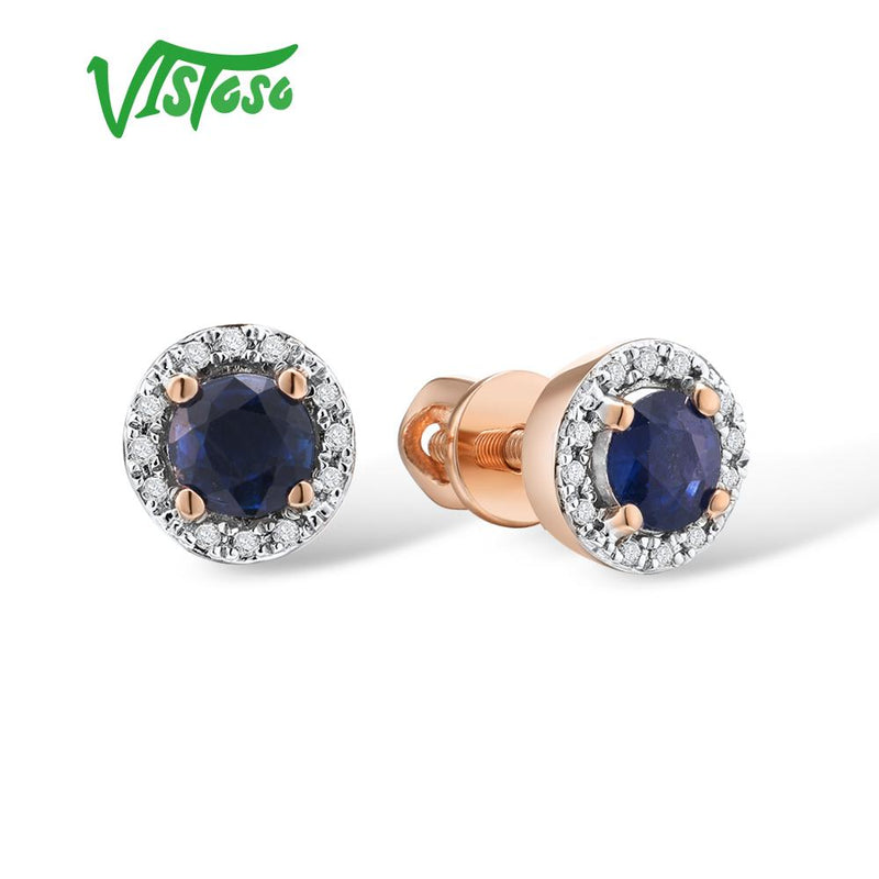 VISTOSO Gold Earrings For Women Genuine 14K 585 Yellow Rose Gold Round 4mm Emerald Blue Sapphire Ruby Stud Earrings Fine Jewelry