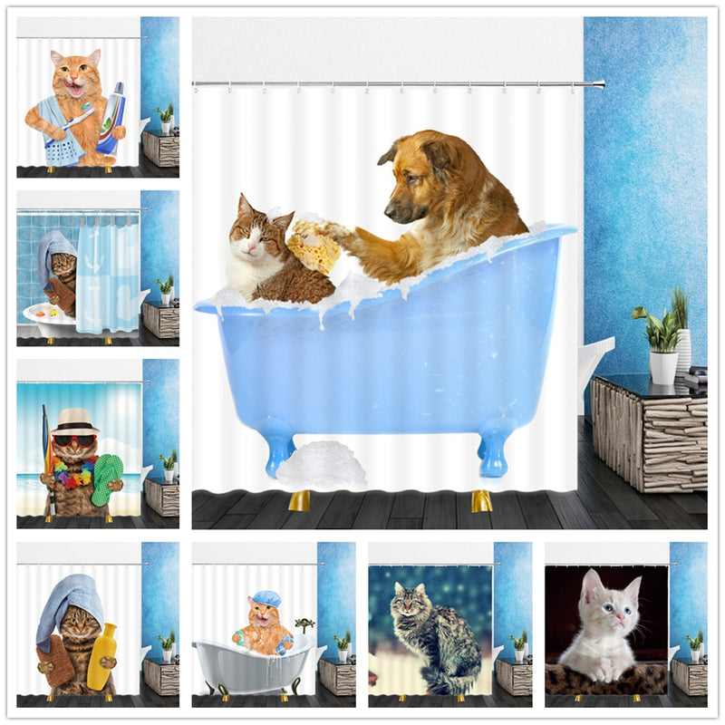 Cortinas de ducha de animales divertidos, decoración de baño para el hogar con Gato bonito, juego de cortinas colgantes de tela de baño de poliéster con ganchos