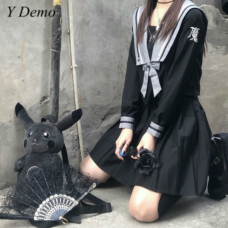 Y Demo Japanese Preppy Style Uniform Skirt Set Woman Bow Shirt A-Line Skirt Suit Harajuku Techwear